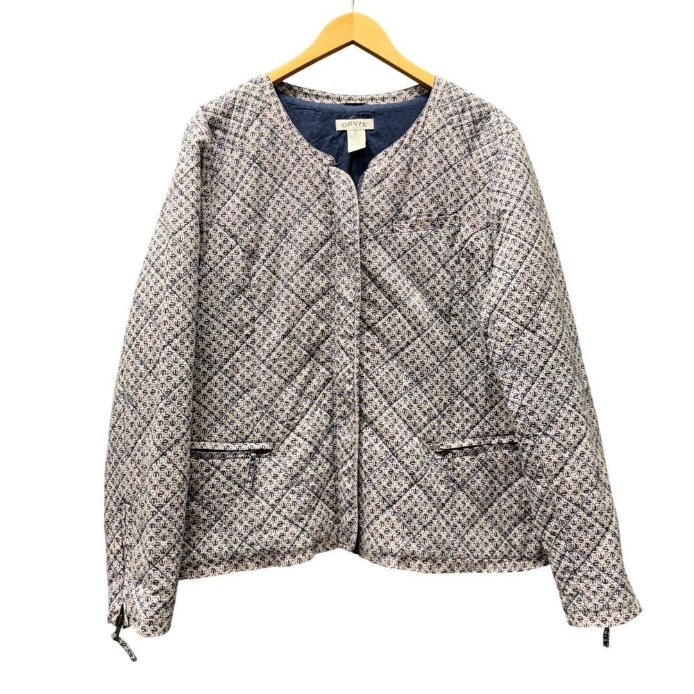 Orvis Quilted Jacket Womens XL Full Zip Blue Geometric Pattern Cottagecore